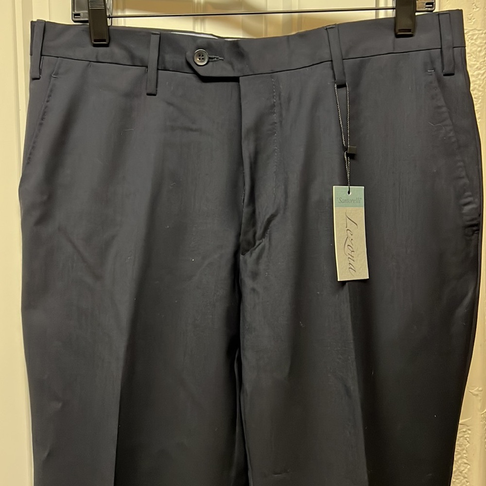 NEW: Santorelli Sz. 34 Navy 100% Wool Lezona Flat Front Dress Pants Unhemmed